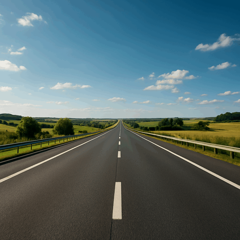 Vue d'une route dégagée sous un ciel bleu.