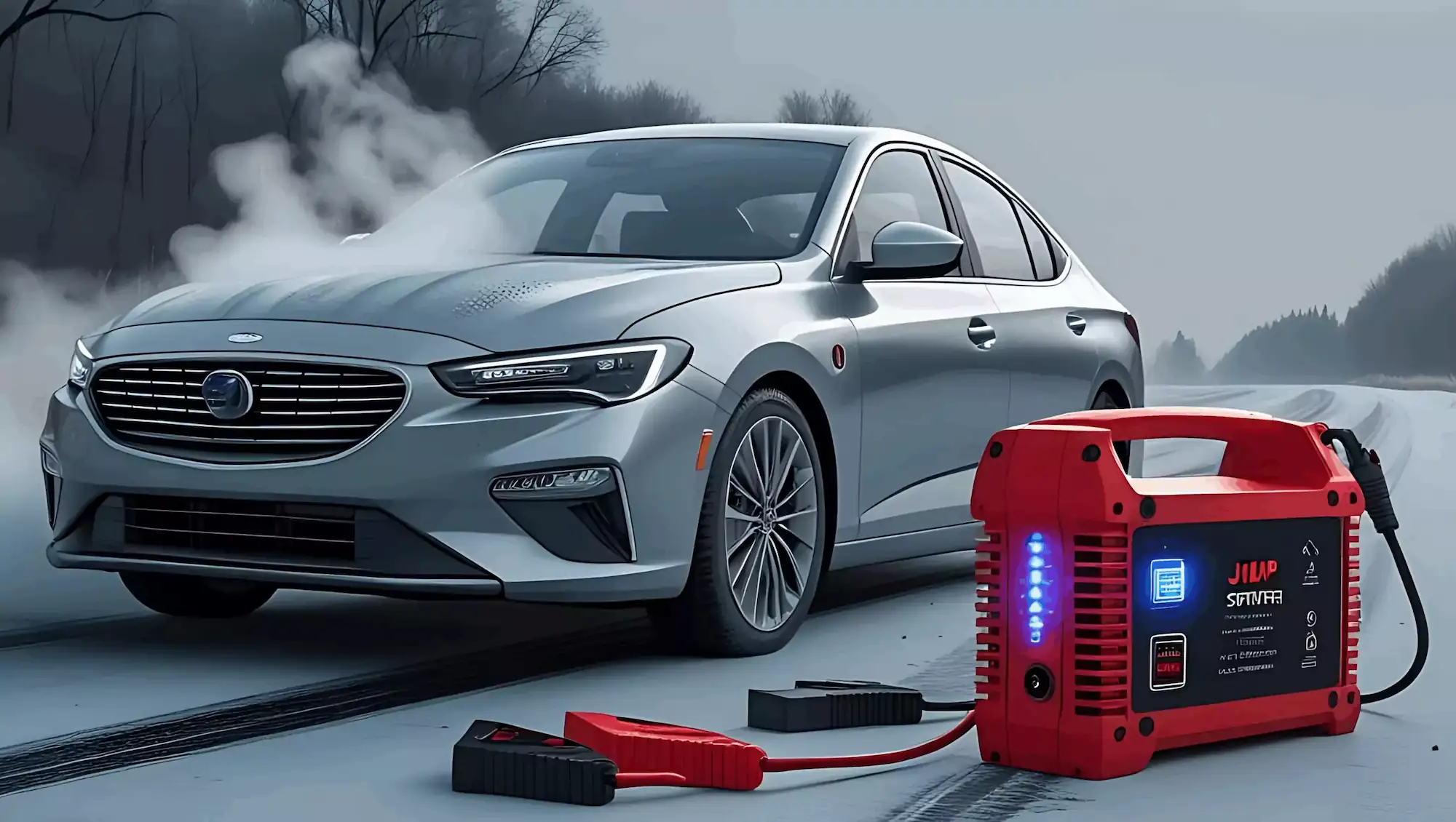 Booster de batterie voiture en action, câbles de démarrage branchés sur une batterie